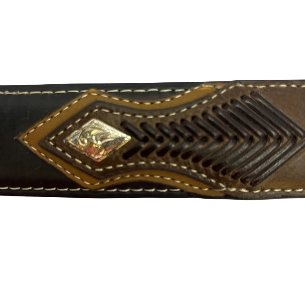 Mens Two Tone Leather Western Belt Black Brown Silver Engraved Buckle Concho